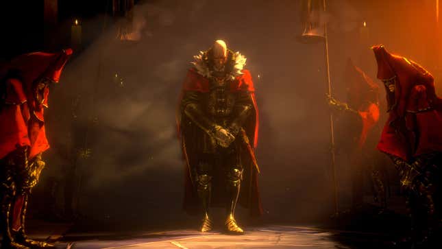 A bald character in armor looks downward, flanked by people in red robes.