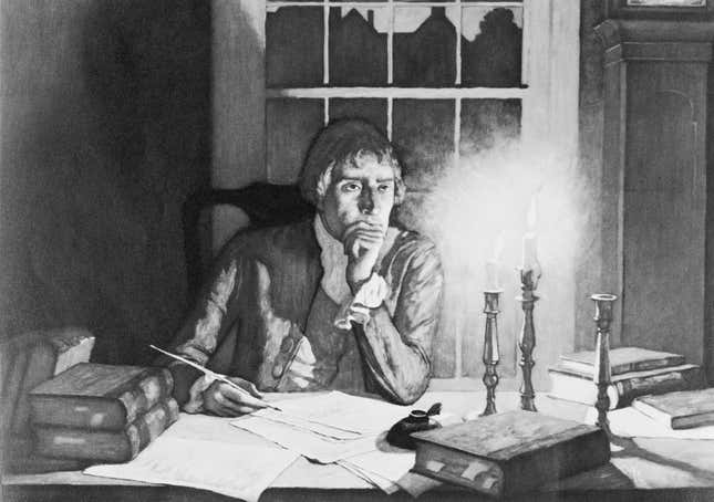 Thomas Jefferson drafting Declaration of Independence; painting by N.C. Wyeth.
