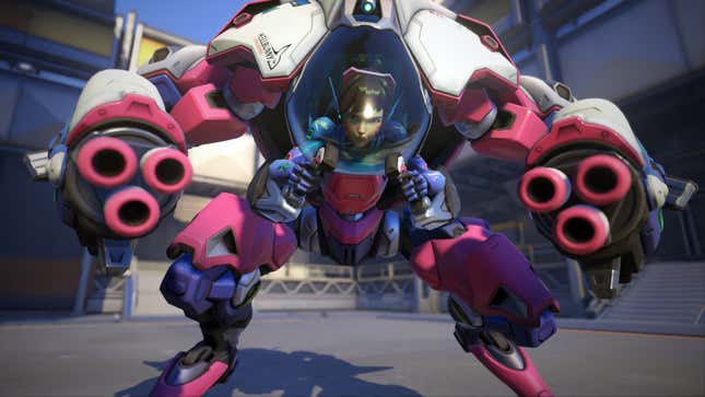 D.Va smirks at the camera with her MEKA during a highlight intro.