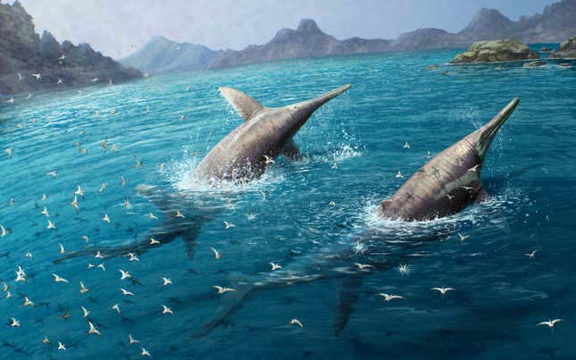 Paleoart of two I. severnensis swimming.