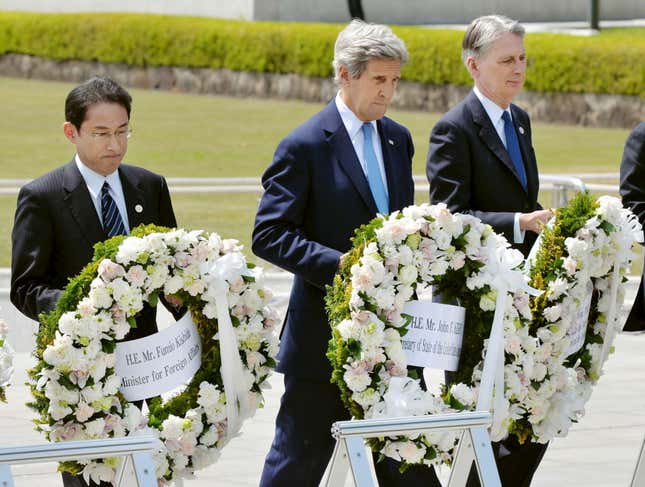 US secretary of state John Kerry (center) with Japan’s foreign minister Fumio Kishida and Britain’s foreign minister Philip Hammond.