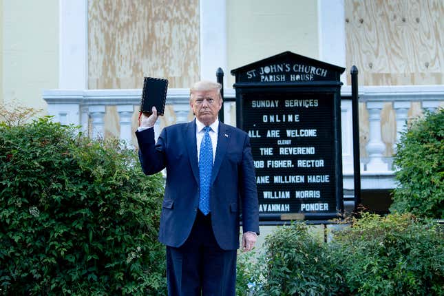 Image for article titled DOJ Wants Federal Judge to Dismiss Lawsuits Over Trump Forcibly Removing Peaceful Protesters for Bible Photo-Op