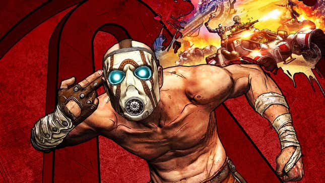 A bandit points a finger gun at its head in key art for Borderlands, which is having a big year in 2022.