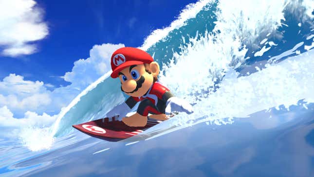 Mario catching a wave on his surfboard.