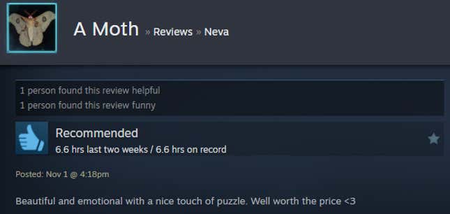 A screenshot shows a Steam user review from Neva.