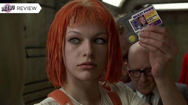 Leeloo holding up a multipass.
