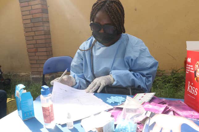 A health worker at work on HIV/AIDS testing on International Workers Day. International Workers Day is celebrated on every May 1, across the World, and it is observed to spread awareness among people, regarding the rights of workers and to mark their achievements.