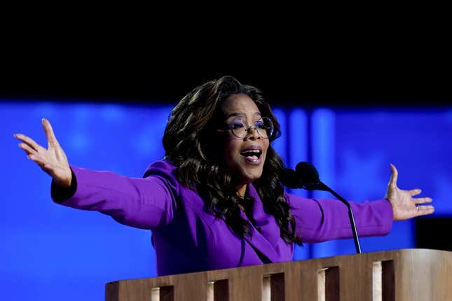 Oprah Winfrey, chief executive officer of Oprah Winfrey Network LLC, speaks during the Democratic National Convention (DNC) at the United Center in Chicago, Illinois, US, on Wednesday, Aug. 21, 2024.