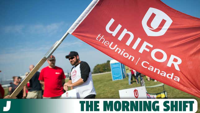 A photo of a Unifor Union flag with The Morning Shift banner below. 