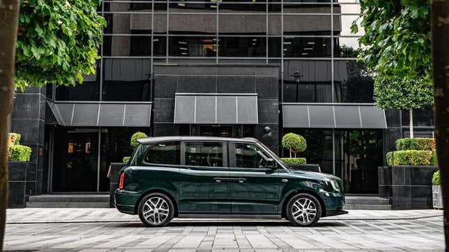 A photo of the modified London taxi in profile. 