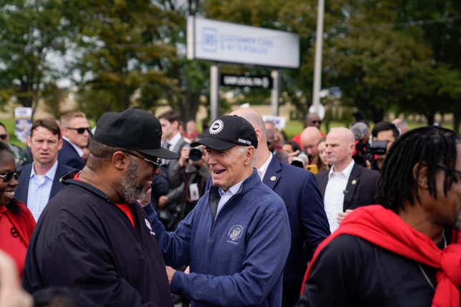 President Joe Biden joins striking United Auto Workers on the picket line, Tuesday, Sept. 26, 2023, in Van Buren Township, Mich. (AP Photo/Evan Vucci)