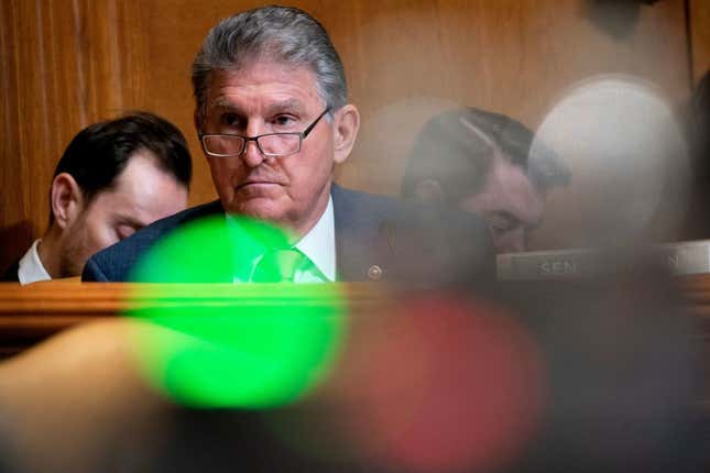 Senator Joe Manchin (D-W.Va.) questions Attorney General Merrick Garland regarding the investigation of Hunter Biden’s laptop during a Senate Appropriations Subcommittee on Commerce, Justice, Science, and Related Agencies hearing to discuss the fiscal year 2023 budget of the Department of Justice at the Capitol in Washington, DC, on April 26, 2022. 