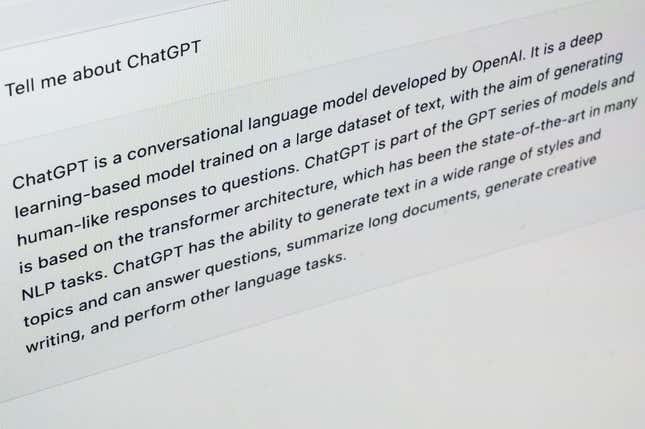 ChatGPT AI-generated answer to the query "Tell me about ChatGPT" is seen on a laptop screen