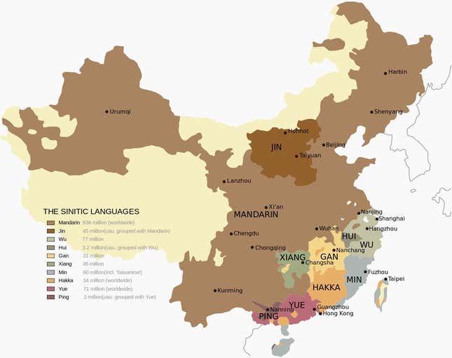 The seven major Sinitic (meaning, Chinese) language branches: Mandarin, Xiang, Gan, Wu, Yue, Min, and Hakka/Kejia. While the Chinese government says all originate from ancient Chinese, many scholar believe the latter three are offshoots of a different language.