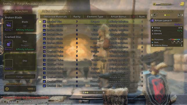 The Forge Artian Weapon screen, with two parts selected for making an Artian Lance.