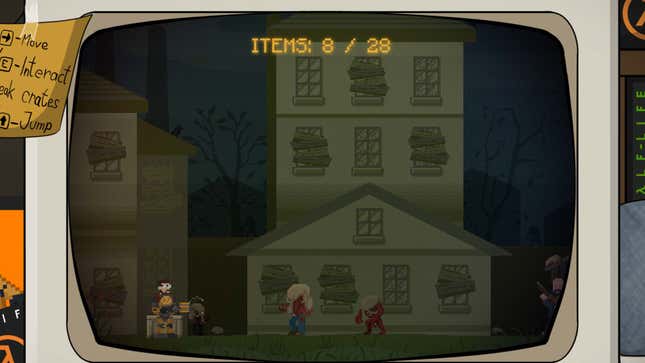 A screenshot shows a 2D pixel art recreation of a scene from Half-Life 2.
