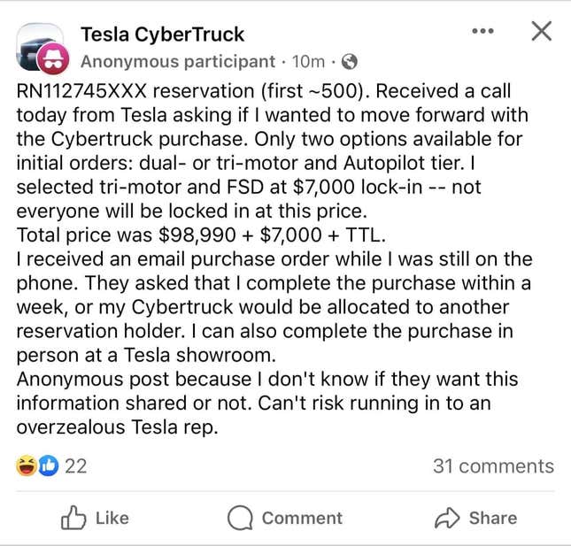 Image for article titled Tesla&#39;s Cybertruck Could Be A Lot More Expensive Than People Thought, And Some Are Cancelling Their Reservations