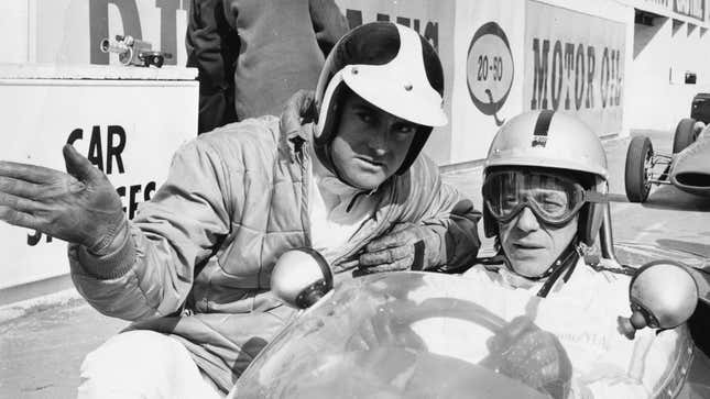 Bob Bondurant instructing actor Yves Montand for the film Grand Prix