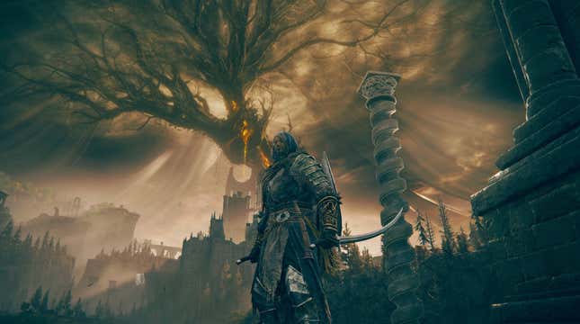 An Elden Ring character stands holding a Backhand Blade with a massive tree in the distance.