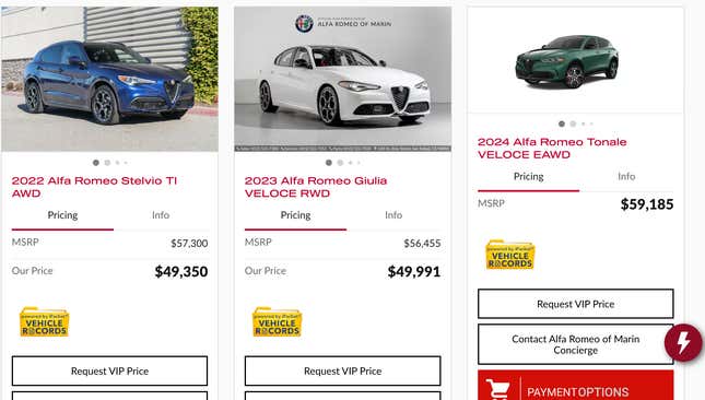 Image for article titled This Alfa Romeo Dealership Has Just Six New Cars, And Four Of Them Are Two Model Years Old