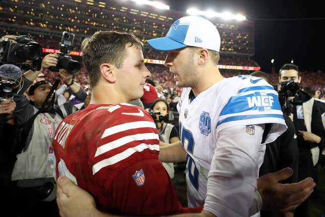 SANTA CLARA, CALIFORNIA - JANUARY 28: Brock Purdy #13 of the San Francisco 49ers shakes hands with Jared Goff #16 of the Detroit Lions following the NFC Championship Game at Levi&#39;s Stadium on January 28, 2024 in Santa Clara, California. San Francisco defeated Detroit 34-31. (Photo by Ezra Shaw/Getty Images)