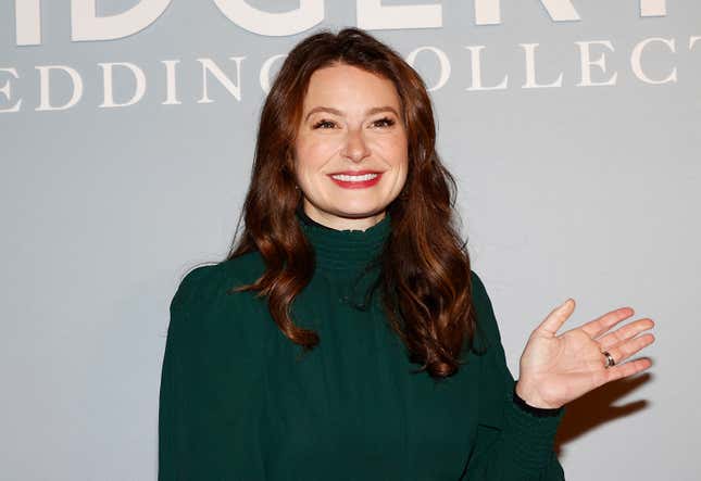 Katie Lowes attends the “Bridgerton and Queen Charlotte: A Bridgerton Story” bridal collection fashion show from Allure Bridals in the Shakespeare garden of the Huntington library in San Marino, California, December 11, 2023.