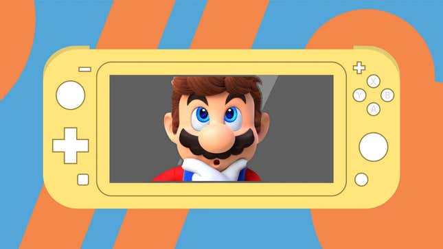 Mario looks confused on the screen of a Switch lite 