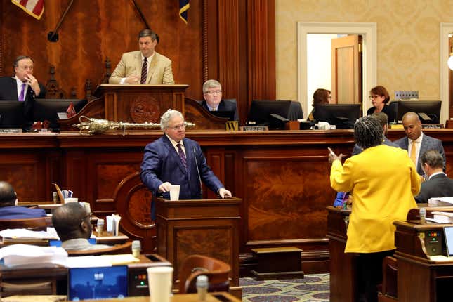 South Carolina Rep. Gilda Cobb-Hunter, D-Orangeburg, right, asks a question of Rep. Jay West, R-Belton, center, during a debate over an energy bill, Wednesday, March 27, 2024, in Columbia, S.C. (AP Photo/Jeffrey Collins)