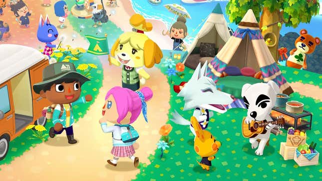 Some artwork showing a bunch of characters from Animal Crossing having a lovely time.