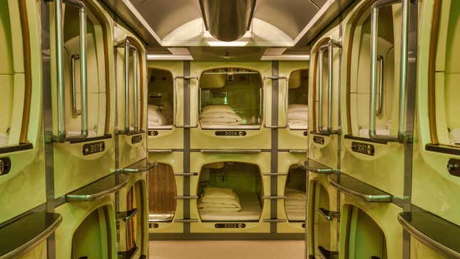 Capsule hotel accommodation, Osaka, Japan.