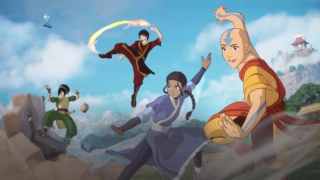 A screenshot from Fortnite's Avatar: The Last Airbender event trailer, featuring the cast of Avatar and their respective bending techniques.