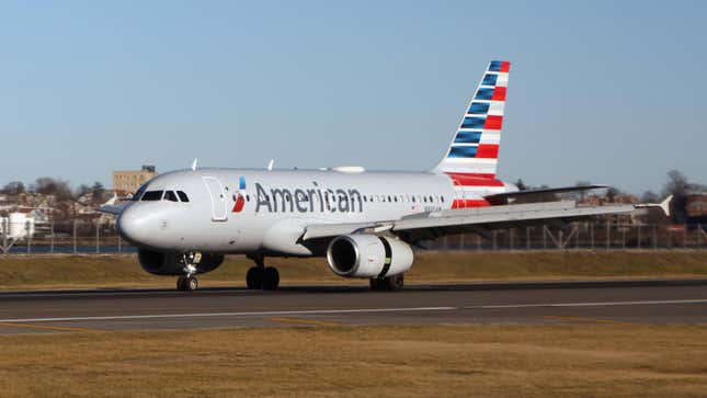 A general view of an American Airlines jet photographed at LaGuardia Airport on February 4, 2024 in the Queens borough of New York City, United States.