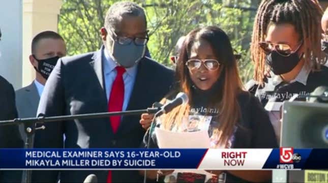 Mikayla Miller’s mother, Calvina Strothers, speaks about her daughter’s life and death during a vigil in Hopkinton, Mass., on May 6, 2021.