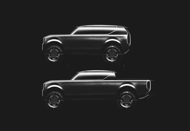 Sketches of the side views of a Scout SUV and pickup