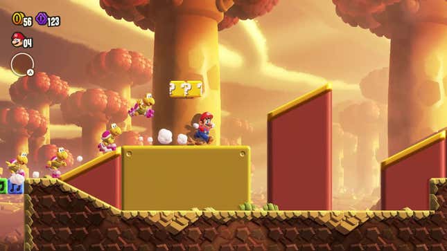 A screenshot shows Mario running away from enemies on pink roller blades. 
