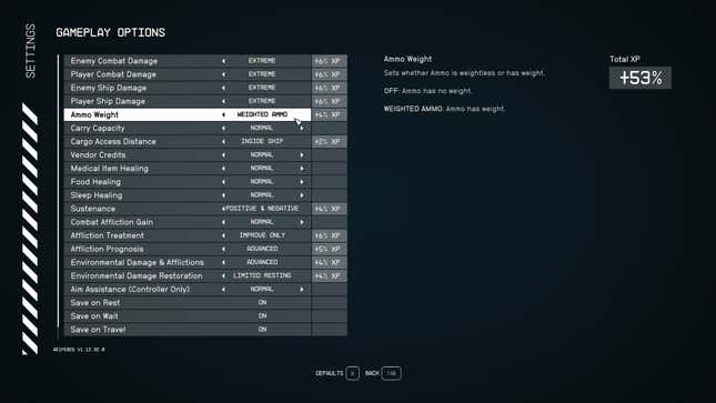 A screenshot of Starfield's menus shows options for carrying capacity.