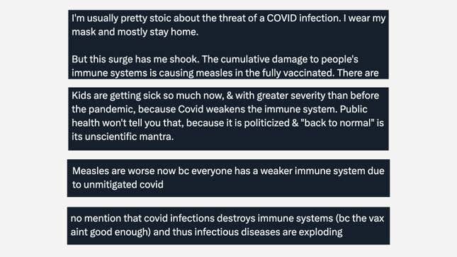 Some of the many social media comments speculating about a link between measles and covid-19.