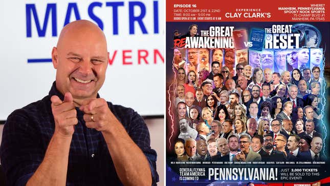 split photo of Doug Mastriano and flier for ReAwaken America event on October 21 -22 in Pennsylvania