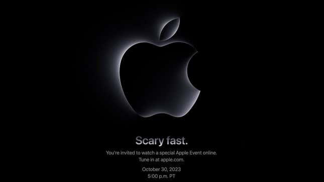 لقطة شاشة لشعار Apple باللون الأسود الباهت مع الشعار "سريع مخيف."