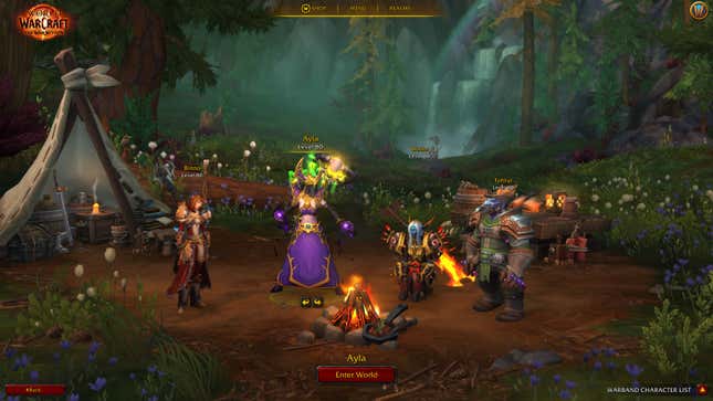 A Warbands screen shows four World of Warcraft characters gathered around a campfire, each with their names and levels displayed above them.