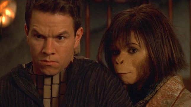 Mark Wahlberg and Helena Bonham Carter (in full ape makeup) stand together. 