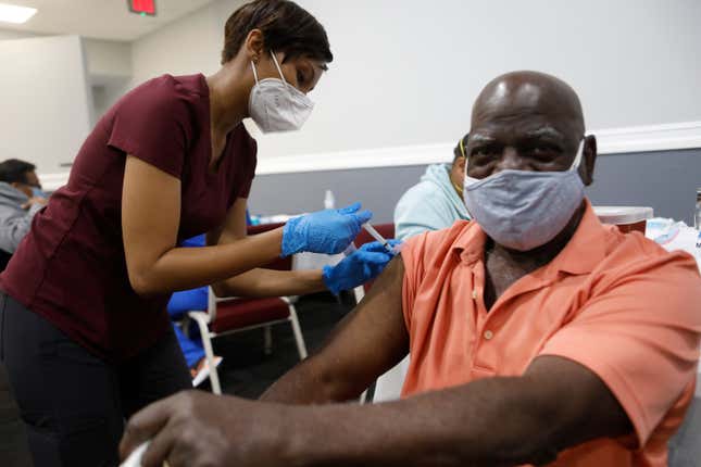 Bible-Based Fellowship Church partnered with the Pasco County Health Department, and Army National Guard to assist residents who are 65 and older to administer the Moderna Covid-19 vaccine on February 13, 2021 in Tampa, Florida. Pastor Anthony White of Bible-Based Fellowship Church encourages more people from the African American community to receive the vaccine.