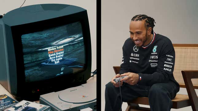 An image shows Hamilton playing Driver on a PS1 on a CRT TV. 