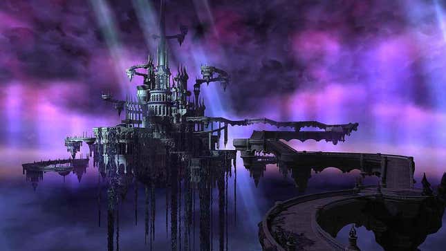 A floating castle sits within a purple void