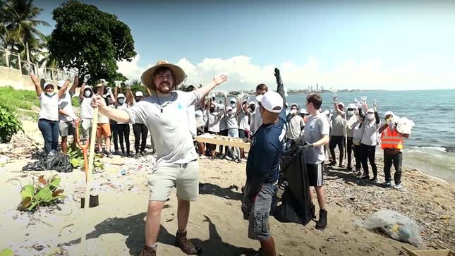 MrBeast and volunteers clean up a beach as part of Team Seas.