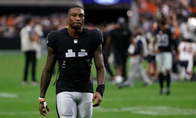  Wide receiver Henry Ruggs III of the Las Vegas Raiders walks off the field after the team’s 20-9 loss to the Chicago Bears at Allegiant Stadium on October 10, 2021 in Las Vegas, Nevada. 