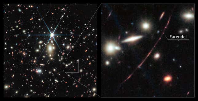 A Webb NIRCam image showing the lensed cluster WHL0137-08 and an inset showing the Sunrise Arc.