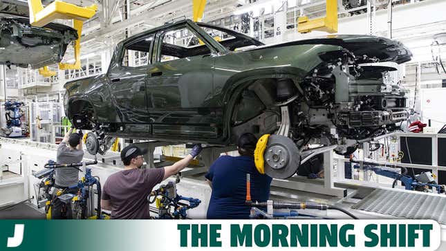 A photo of an electric pickup truck being built. 