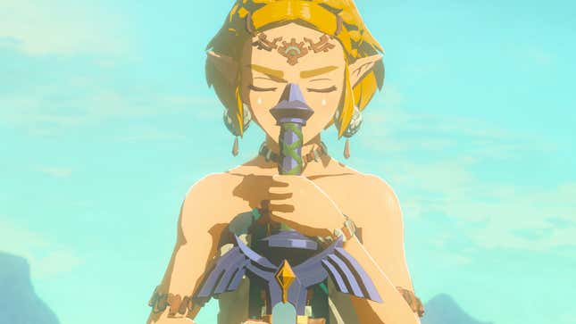 Zelda holds the Master Sword in the Tear of the Kingdom.
