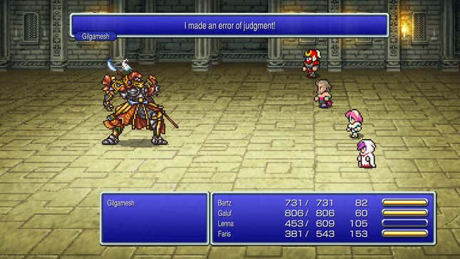 A turn-based RPG battle screen is shown, with four pixelated heroes on the right side of the screen looking at a large warrior wearing elaborate armor. A text box reads “I made an error in judgment!” A window displaying the health and magic of “Bartz,” “Galuf,” “Lenna,” and “Faris” is below.